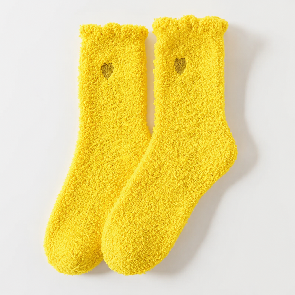 Fluffy Heart Embroidered Crew Socks – Yellow