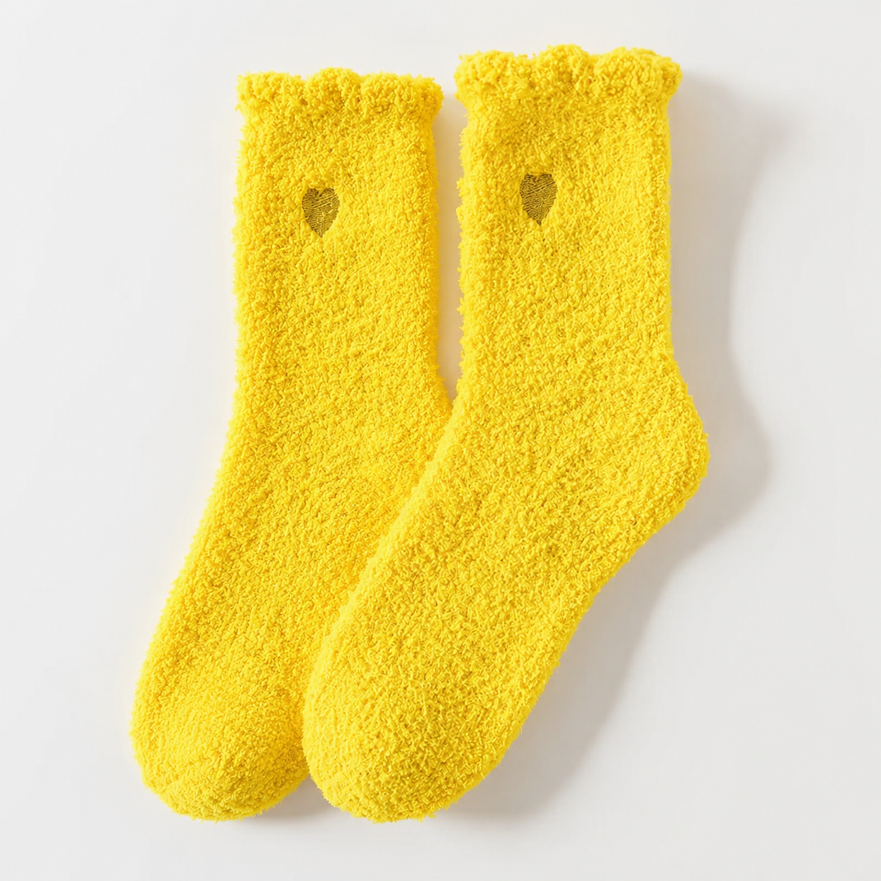 Fluffy Heart Embroidered Crew Socks – Yellow