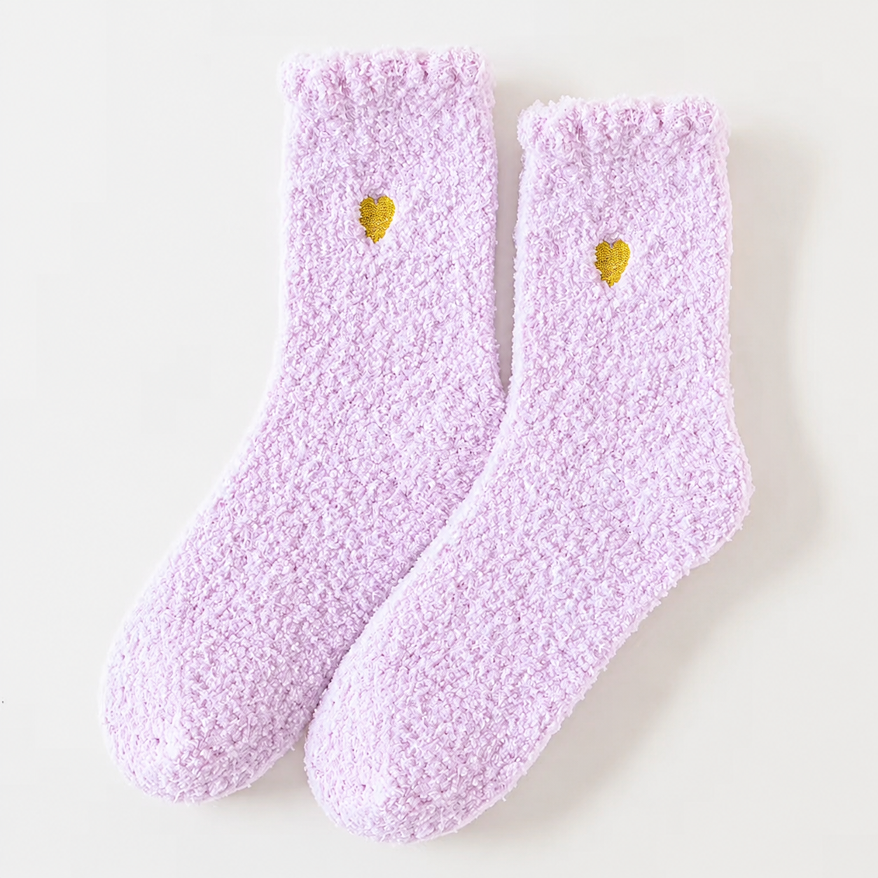 Fluffy Heart Embroidered Crew Socks – Light Purple