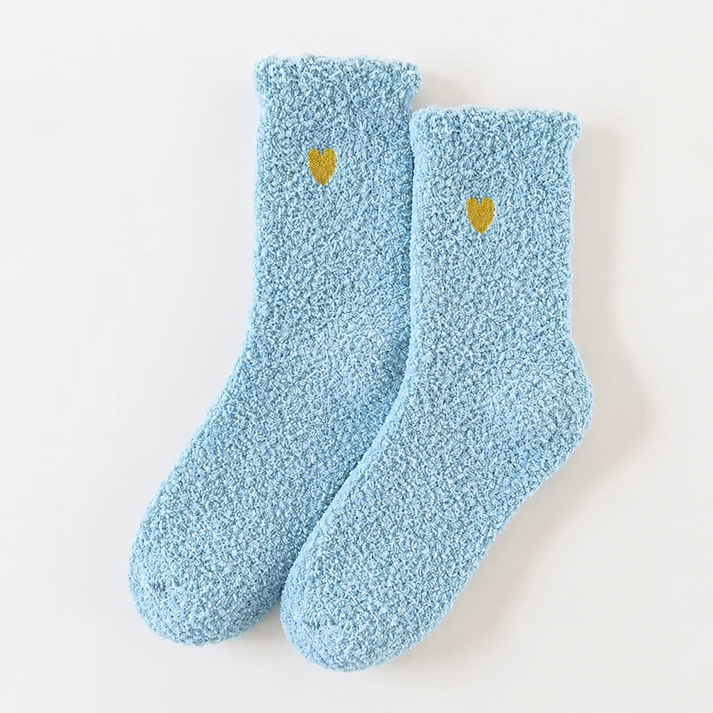 Fluffy Heart Embroidered Crew Socks – Blue
