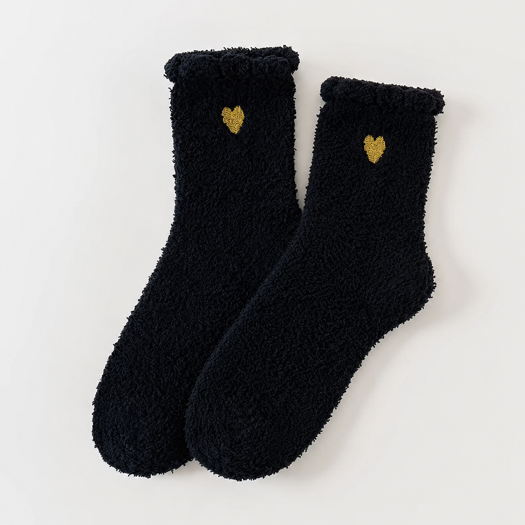 Fluffy Heart Embroidered Crew Socks – Black