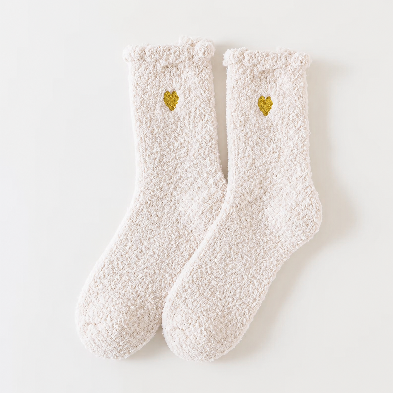 Fluffy Heart Embroidered Crew Socks – Oatmeal