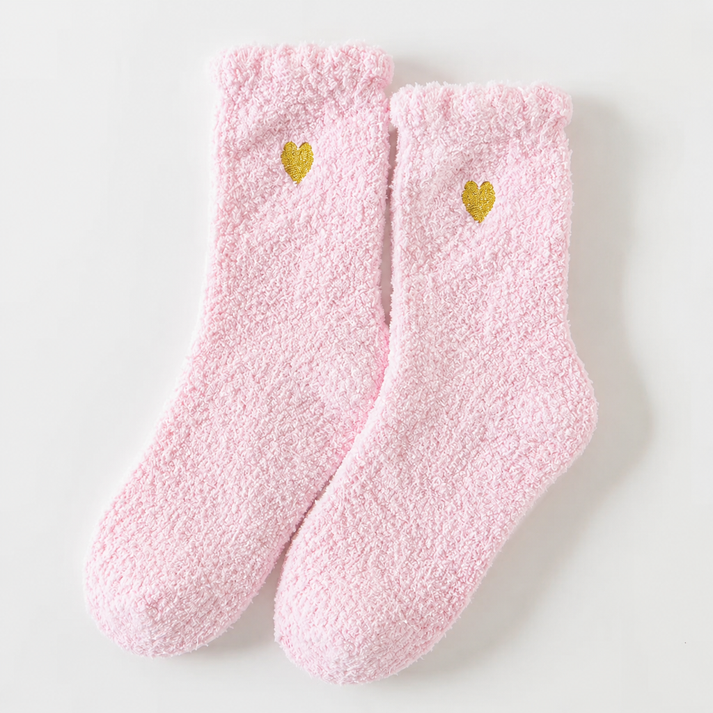 Fluffy Heart Embroidered Crew Socks – Light Pink
