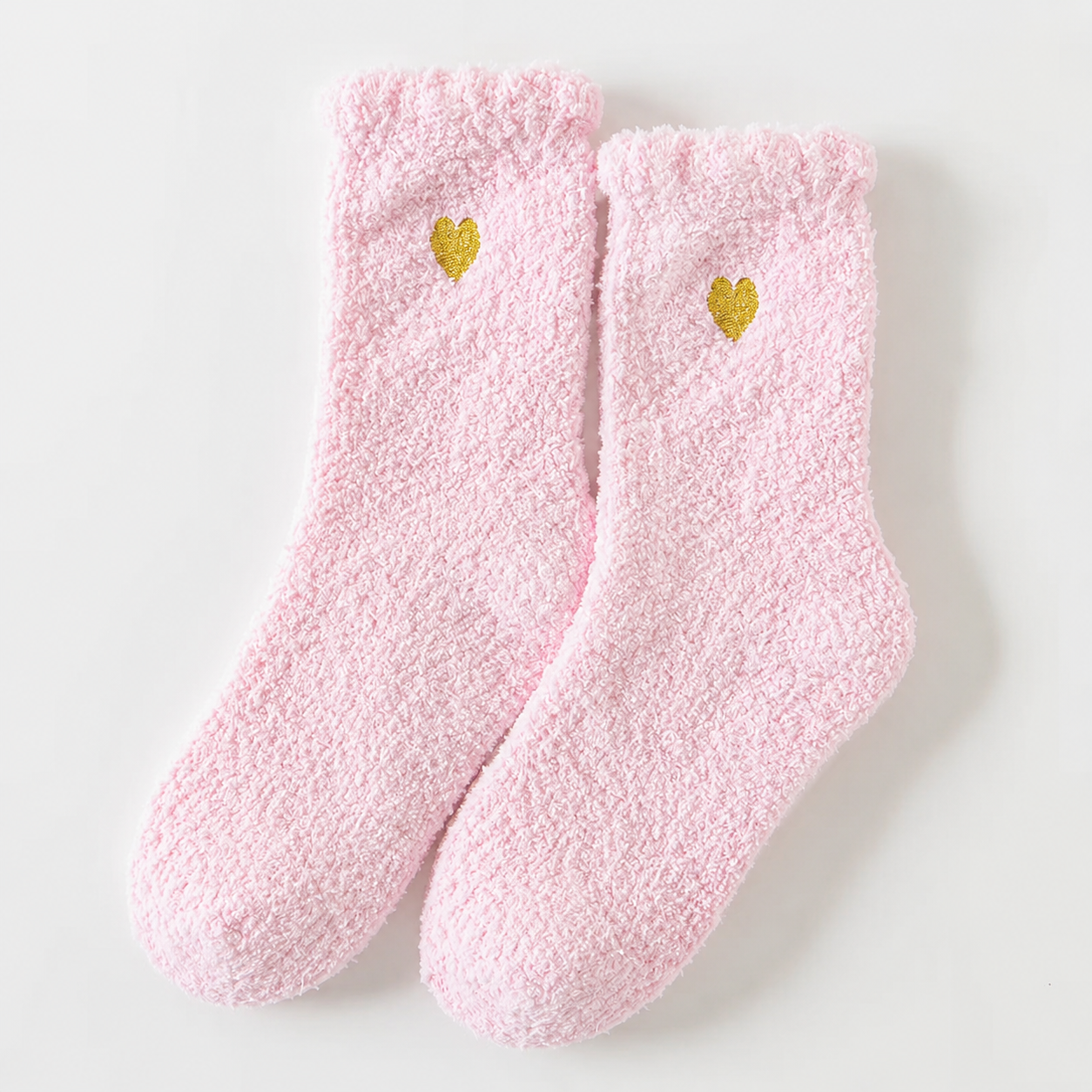 Fluffy Heart Embroidered Crew Socks – Light Pink