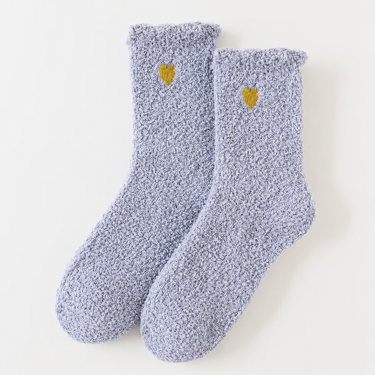 Fluffy Heart Embroidered Crew Socks – Light Grey