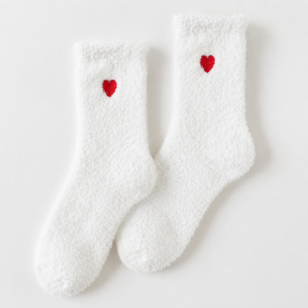 Fluffy Heart Embroidered Crew Socks – Snow White
