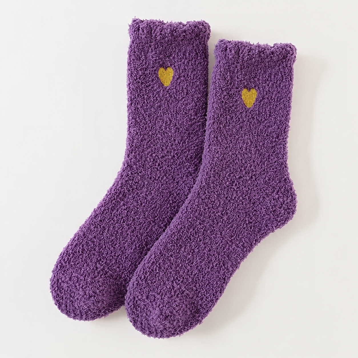 Fluffy Heart Embroidered Crew Socks – Dark Purple
