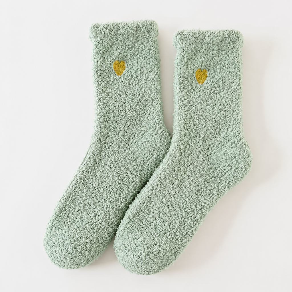 Fluffy Heart Embroidered Crew Socks – Green