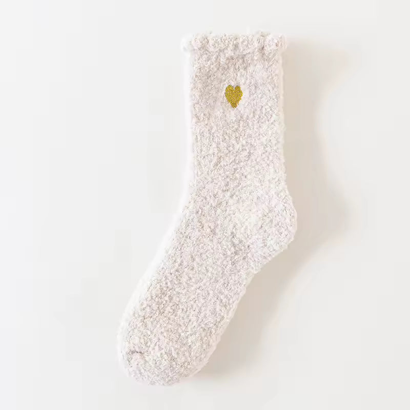 Fluffy Heart Embroidered Crew Socks – Oatmeal