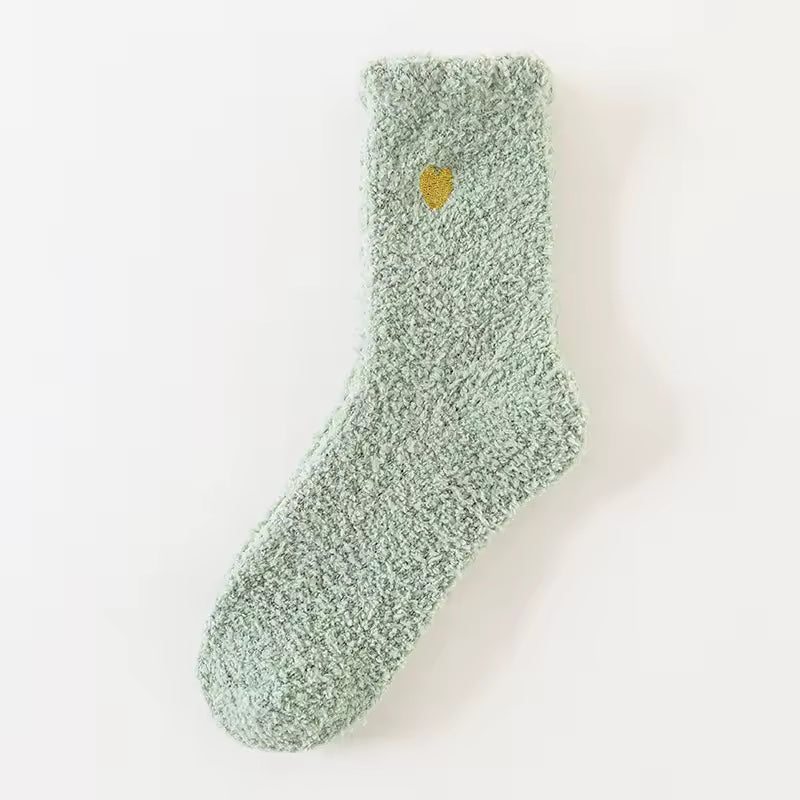 Fluffy Heart Embroidered Crew Socks – Green