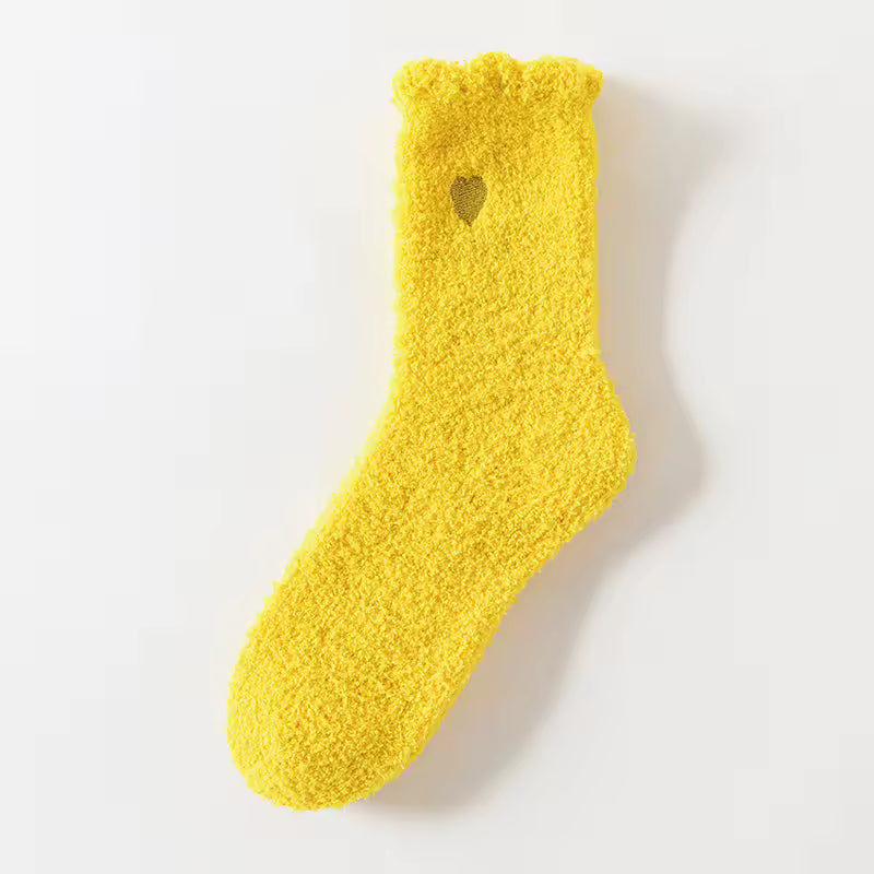 Fluffy Heart Embroidered Crew Socks – Yellow