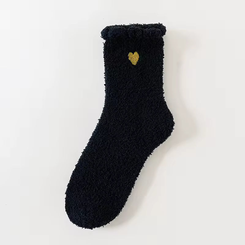 Fluffy Heart Embroidered Crew Socks – Black