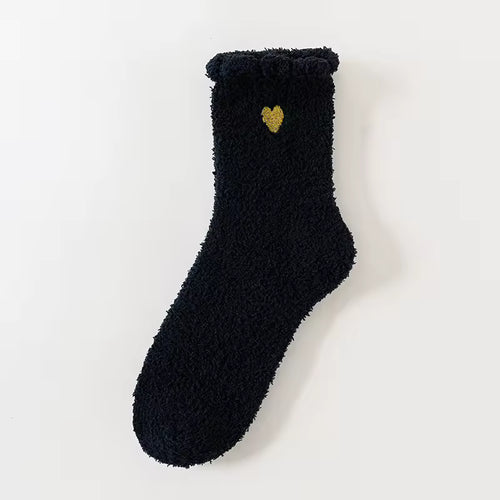 Fluffy Heart Embroidered Crew Socks – Black