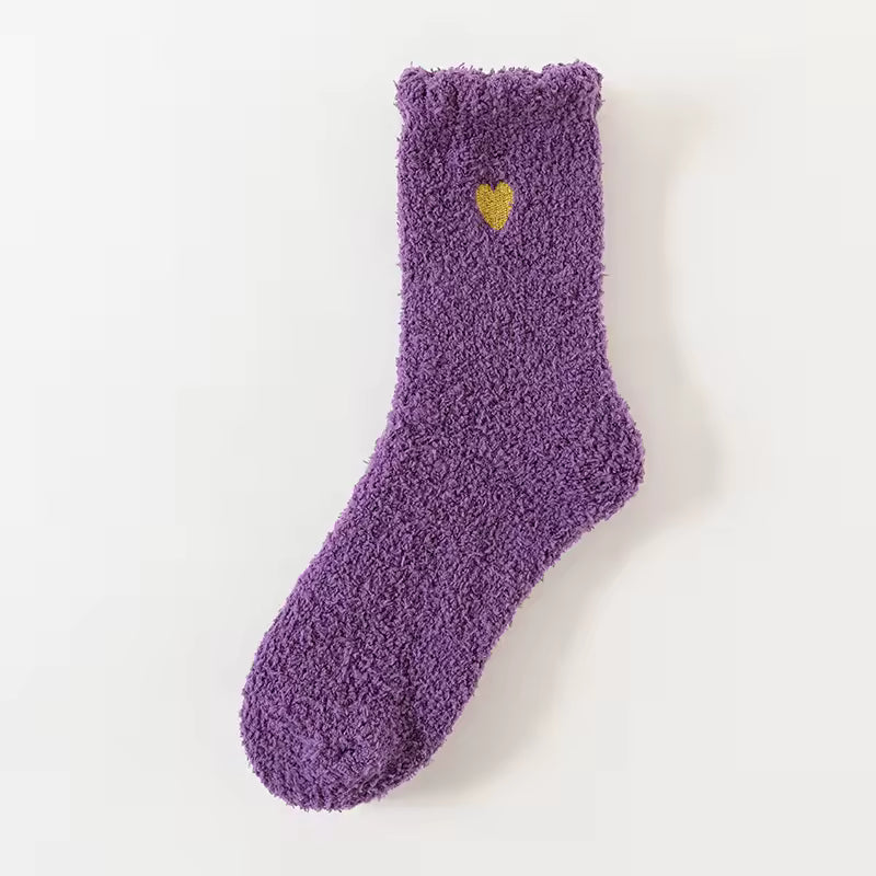 Fluffy Heart Embroidered Crew Socks – Dark Purple