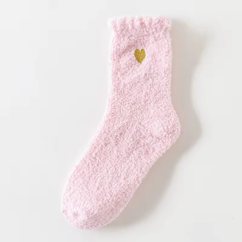 Fluffy Heart Embroidered Crew Socks – Light Pink