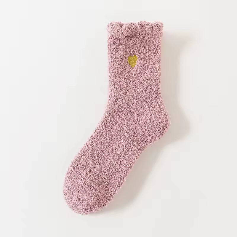 Fluffy Heart Embroidered Crew Socks – Pink