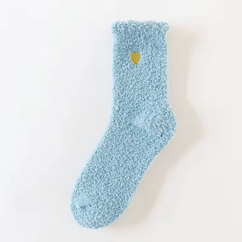 Fluffy Heart Embroidered Crew Socks – Blue