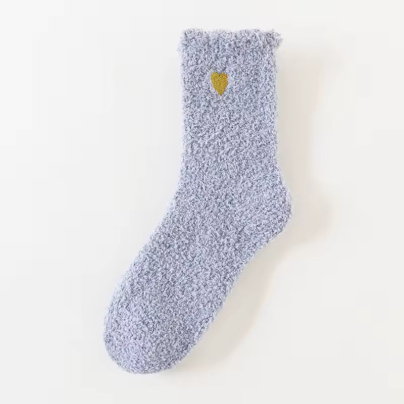 Fluffy Heart Embroidered Crew Socks – Light Grey