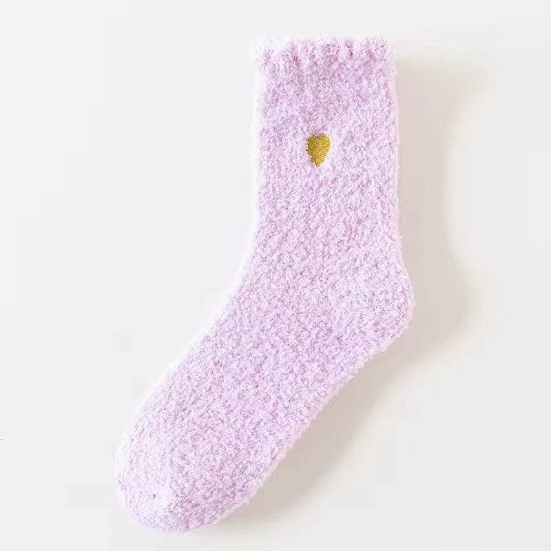 Fluffy Heart Embroidered Crew Socks – Light Purple