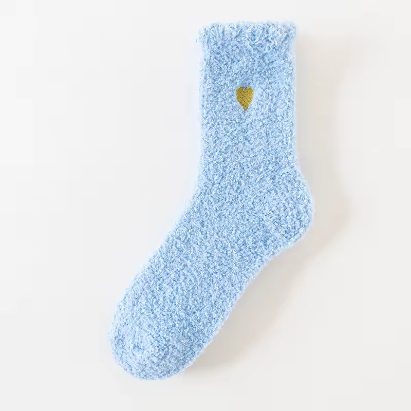 Fluffy Heart Embroidered Crew Socks – Sky Blue